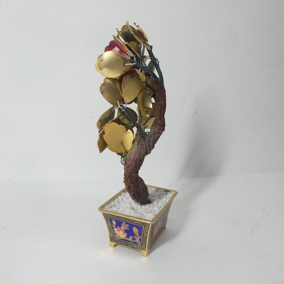 Beautiful Vintage Brass & Colored Enamel Bonsai Leaf Tree  Cloisonne Enamel Brass Bonsai Tree w/ Pot Colorful Flowers 8\